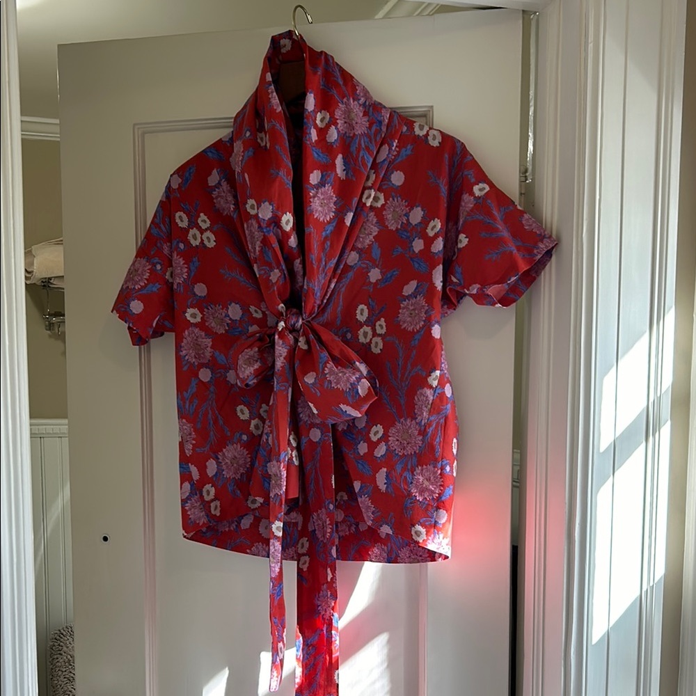 Caron Callahan Red Floral Tie-Neck Blouse